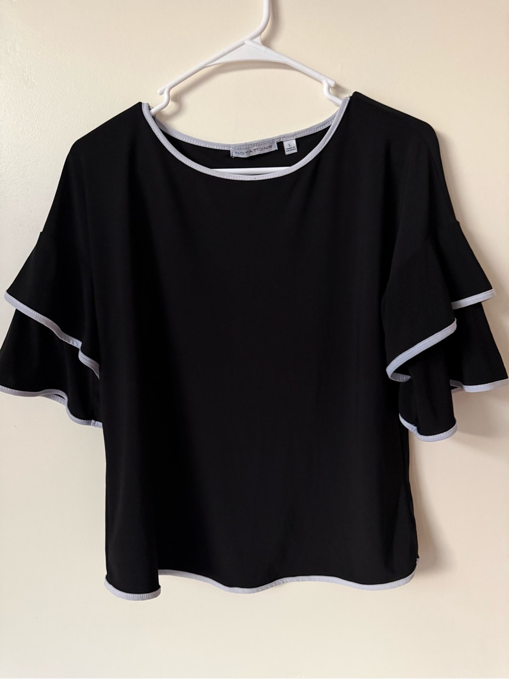Notations Size L Black Ruffle Sleeve Blouse with White Trim